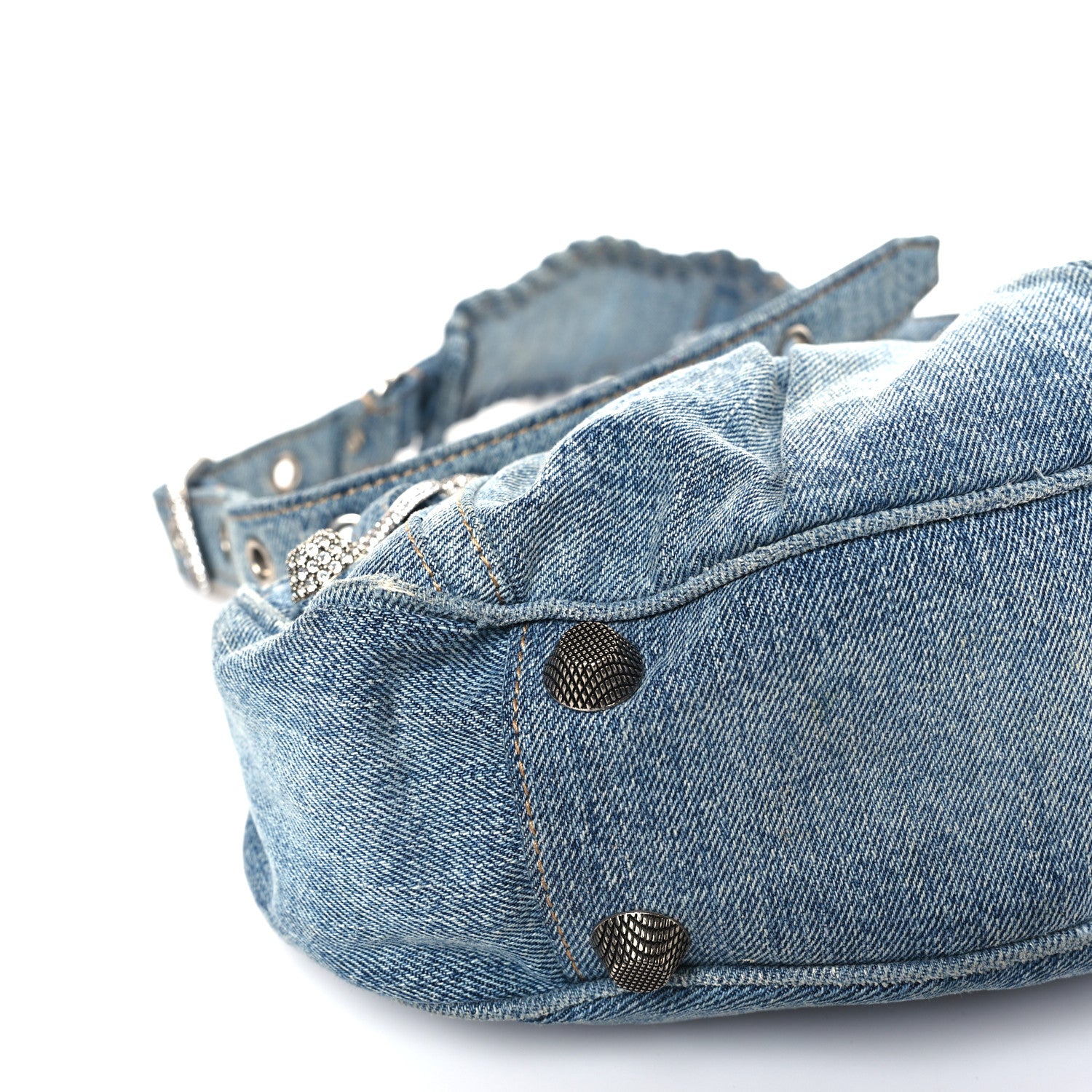 Balenciaga Washed Frayed Denim Crystal Small Le Cagole Shoulder Bag Blue 8 of 9