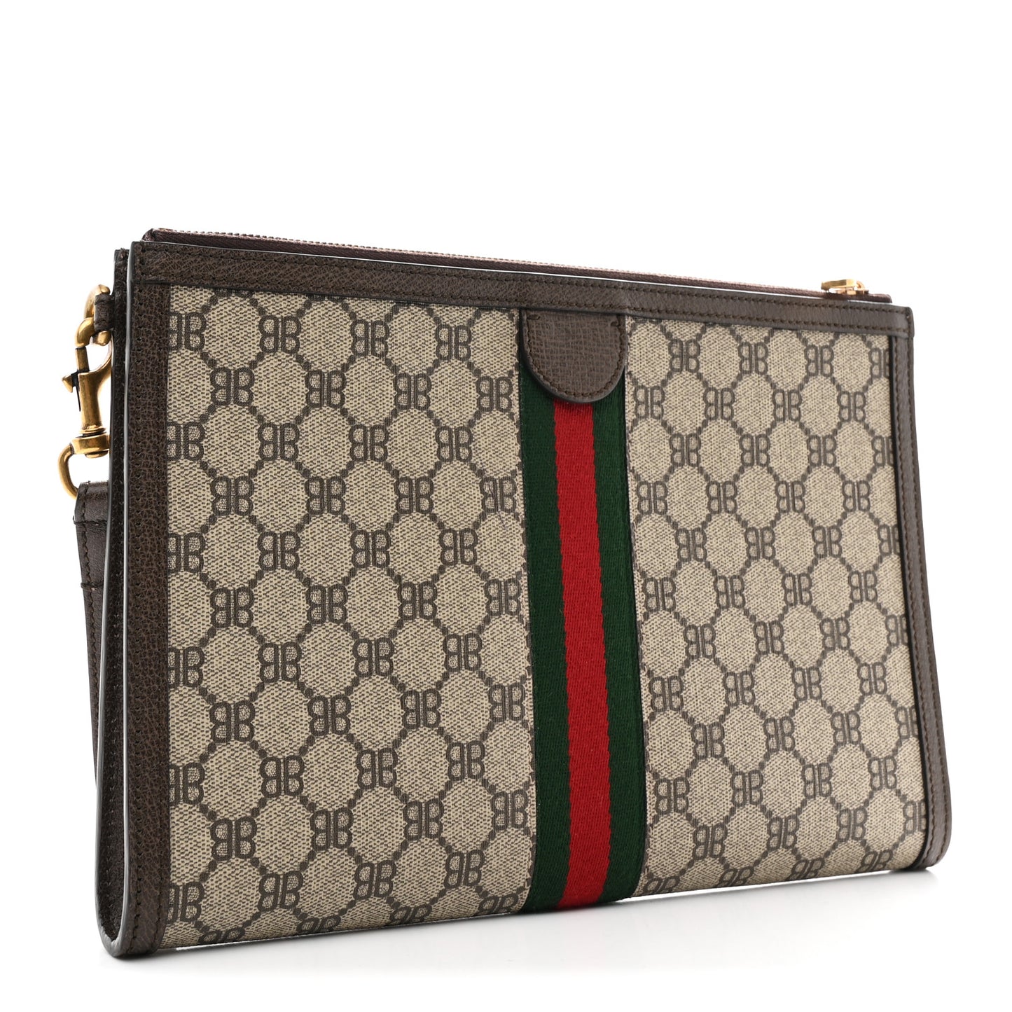 X BALENCIAGA BB Supreme Monogram Web Ophidia Wristlet Beige New Acero