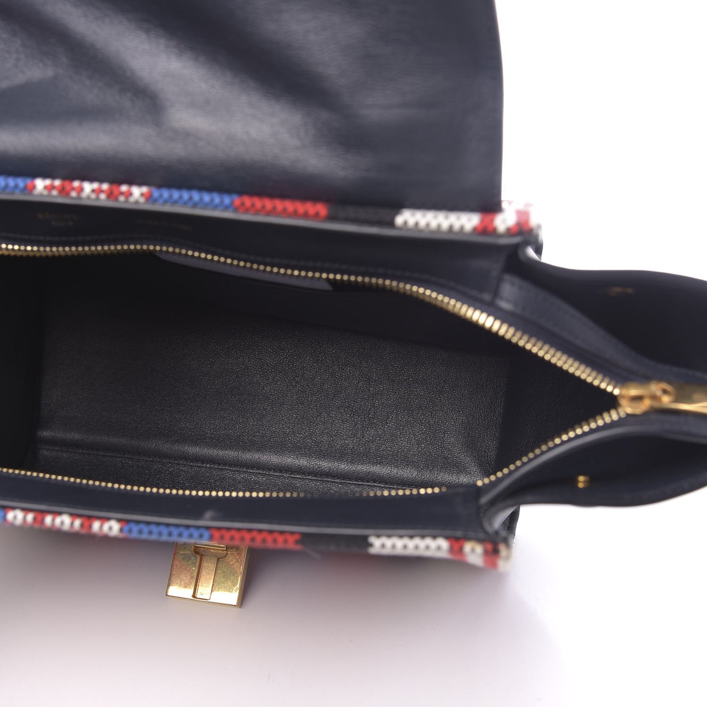 Smooth Calfskin Textile Striped Medium Trapeze Navy Blue