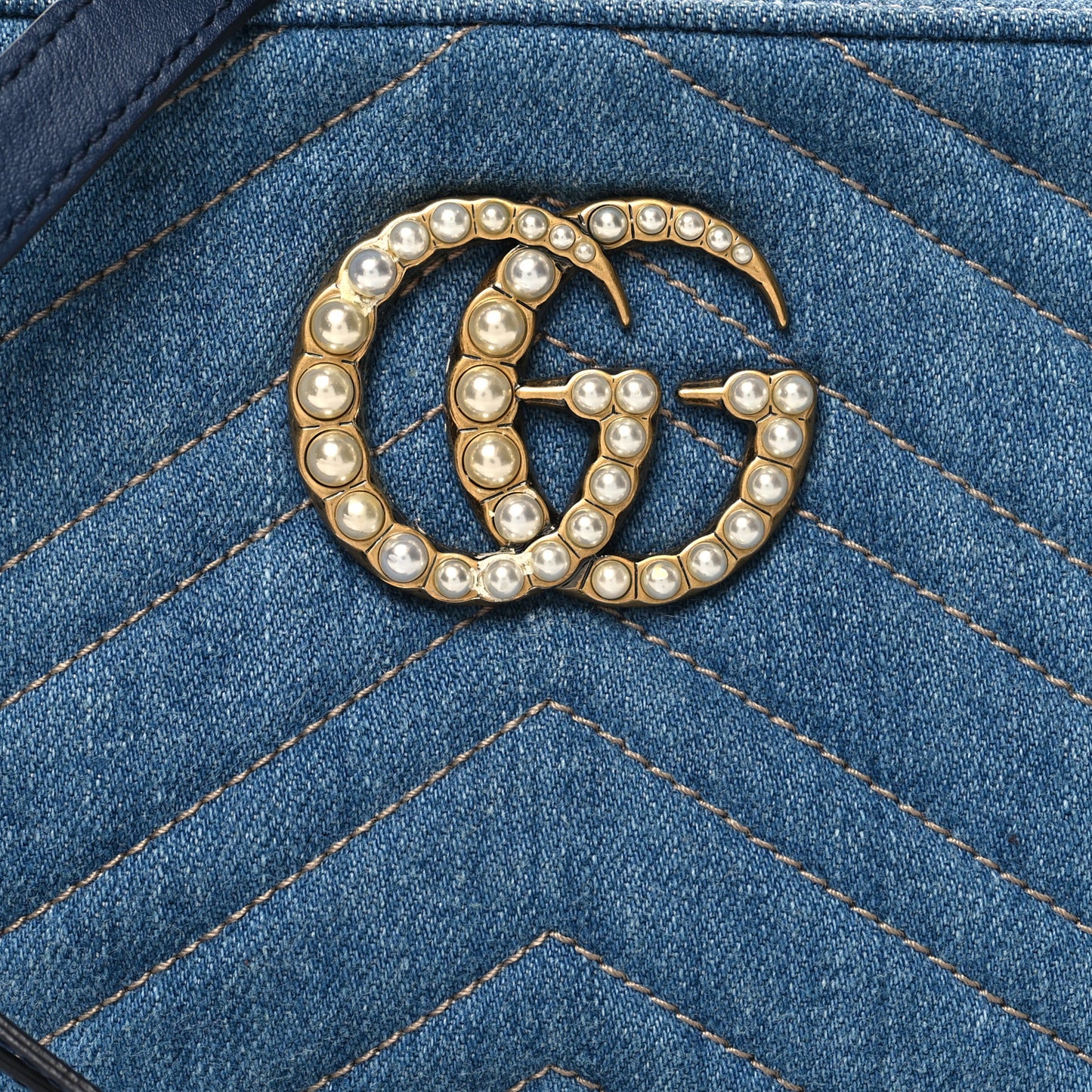 Denim Matelasse Small Pearly GG Marmont Chain Shoulder Bag Blue