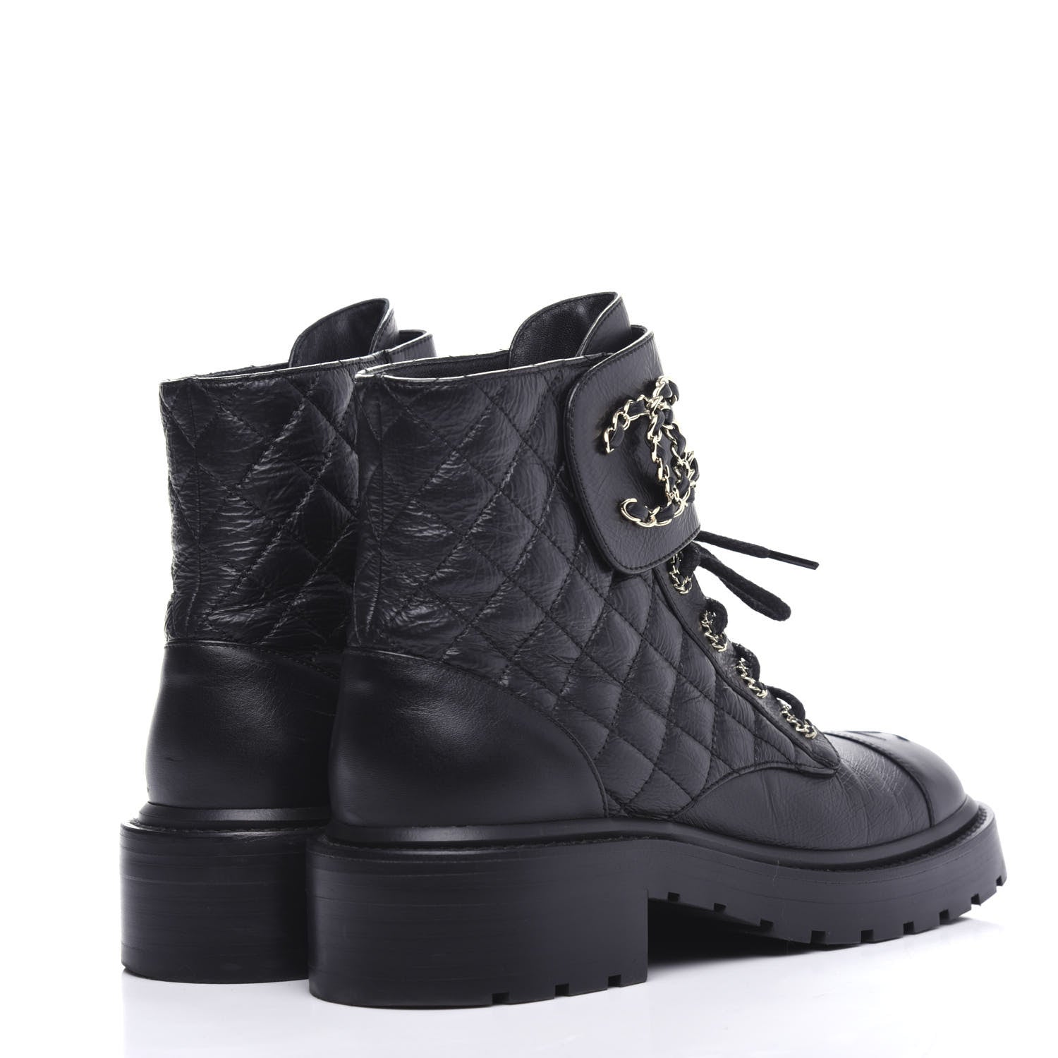 Chanel Shiny Goatskin Calfskin Quilted Lace Up Combat Boots 38 Black 4 of 10
