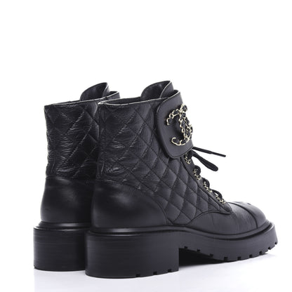 Chanel Shiny Goatskin Calfskin Quilted Lace Up Combat Boots 38 Black 4 of 10