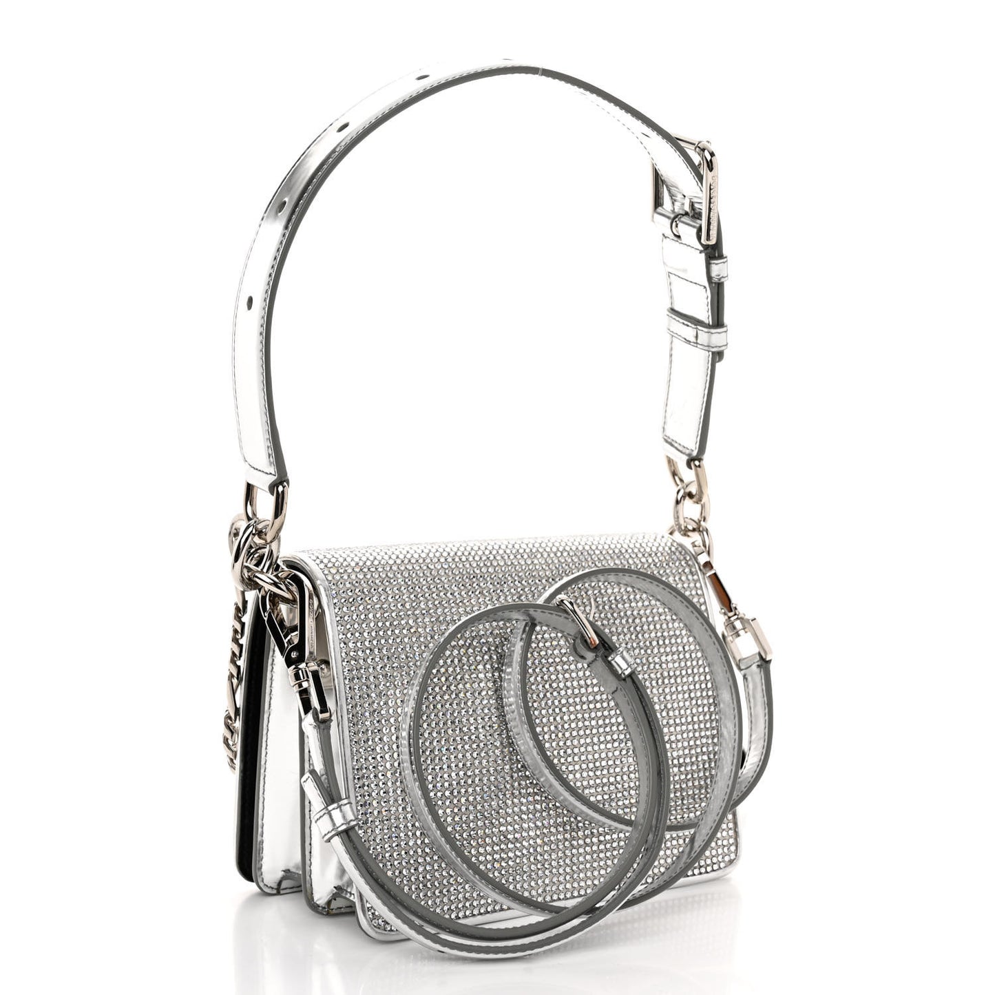 Metallic Calfskin Crystal Embellished Small Bella Cubo DG Chain Flap Bag With Cuff Silver
