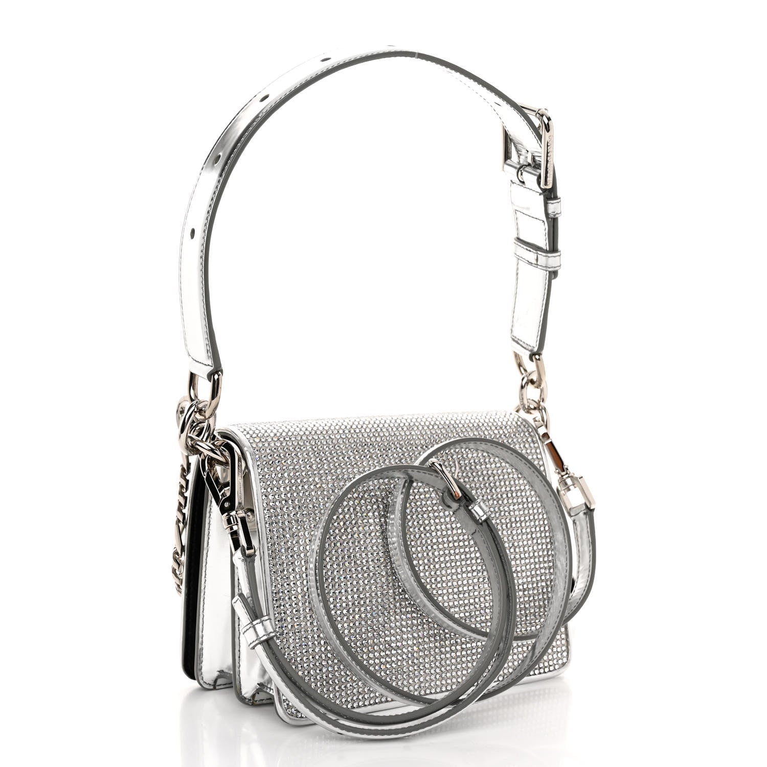 Dolce & Gabbana Metallic Calfskin Crystal Embellished Small Bella Cubo DG Chain Flap Bag With Cuff Silver 4 of 10