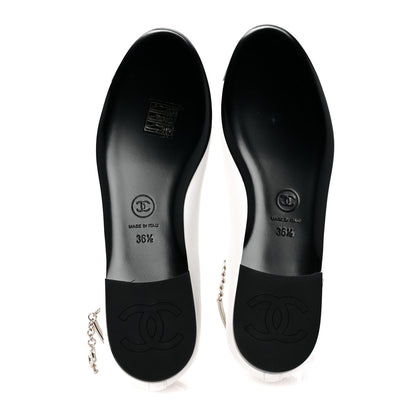 Chanel Lambskin Patent Calfskin Cap Toe Ankle Chain Ballerina Flats 36.5 White Black 5 of 9