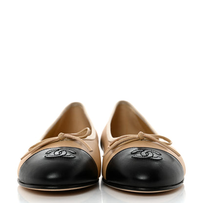 Chanel Lambskin Cap Toe CC Ballerina Flats 39 Beige Black 2 of 9