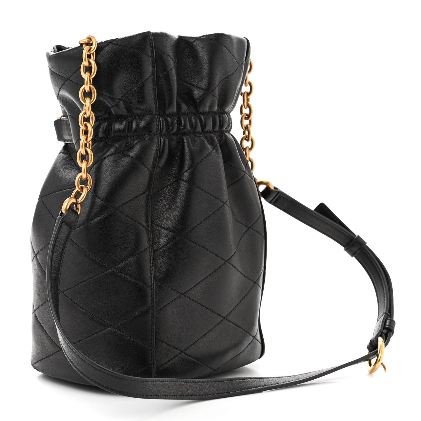 SAINT LAURENT Lambskin Quilted Le Maillon Bucket Bag Black