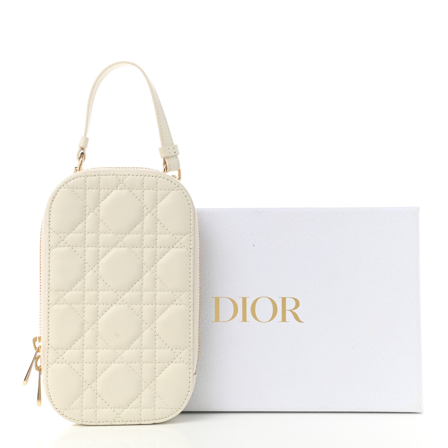 Lambskin Cannage Lady Dior Phone Holder Latte