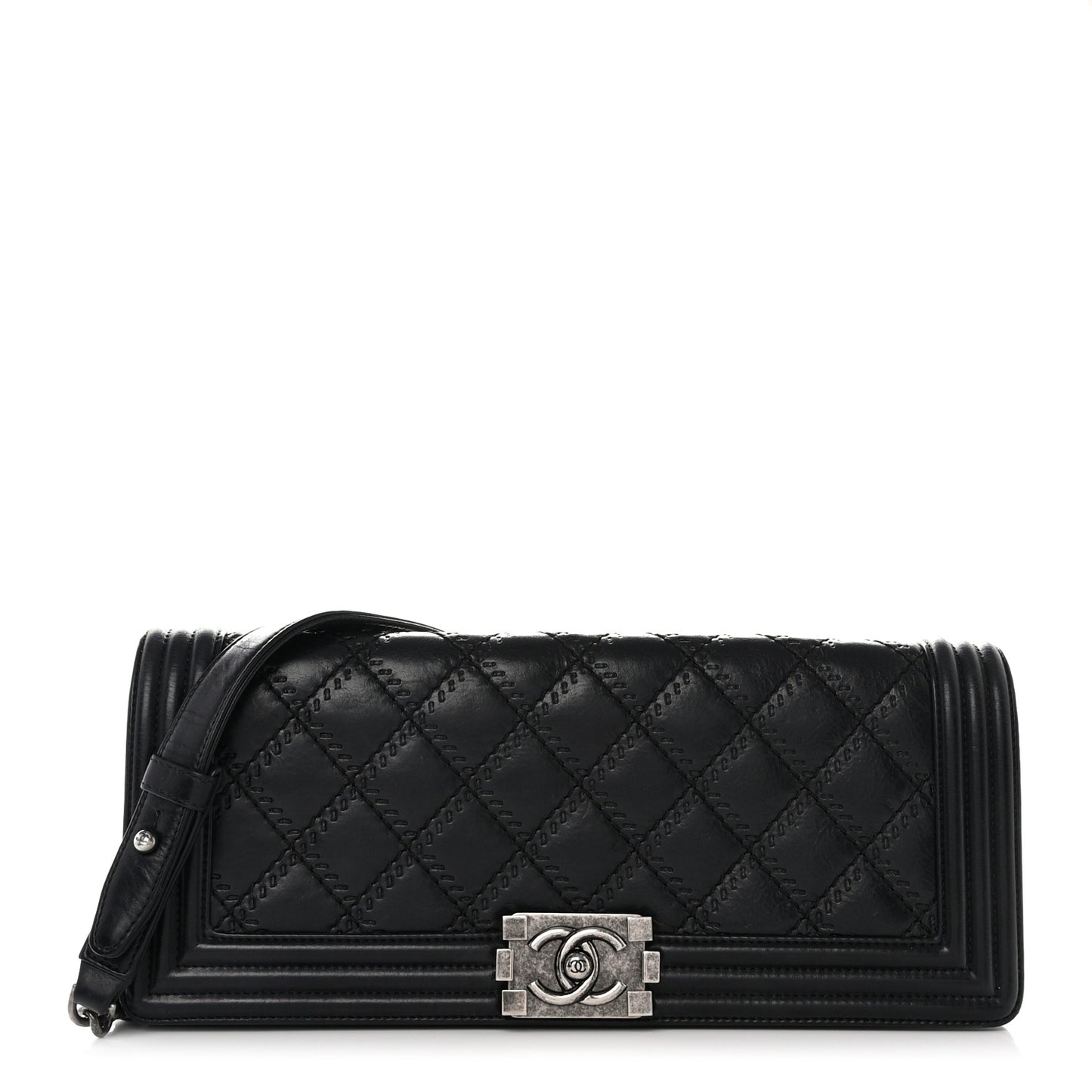 Calfskin Double Stitch Boy Clutch With Removable Chain Black