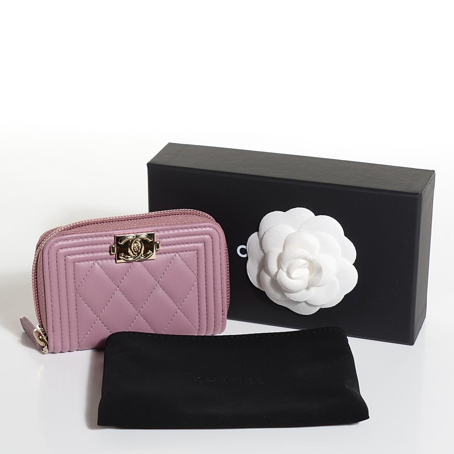Lambskin Quilted Boy Zip Around Card Holder Rose