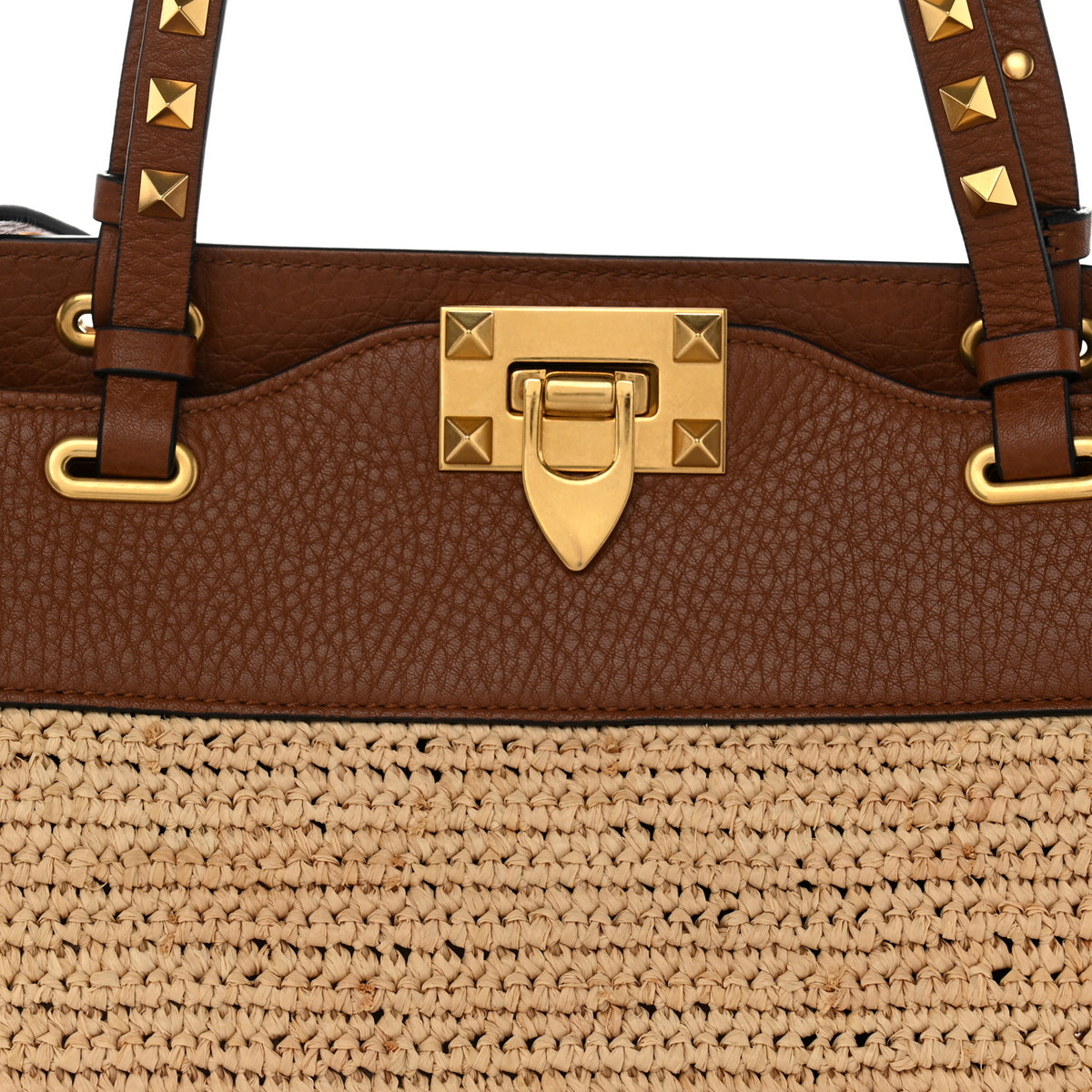 Valentino Garavani Raffia Calfskin Small Rockstud Tote Naturale Saddle Brown 7 of 9