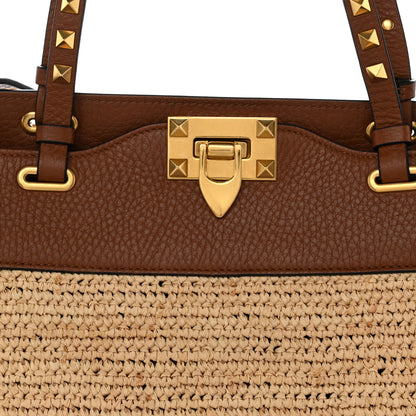 Valentino Garavani Raffia Calfskin Small Rockstud Tote Naturale Saddle Brown 7 of 9