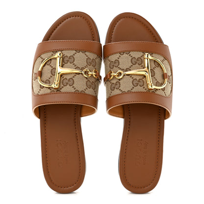 Gucci Calfskin Monogram Horsebit Womens Slide Sandals 37 Beige Ebony Sundial 2 of 9