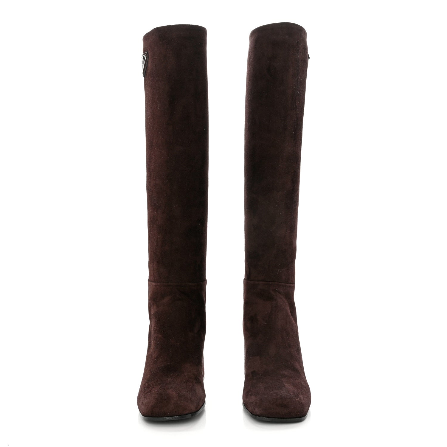 Prada Suede Metal Triangle Logo Block Heel 65mm Knee Boots 37.5 Brown 2 of 8