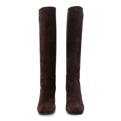 Prada Suede Metal Triangle Logo Block Heel 65mm Knee Boots 37.5 Brown 2 of 8