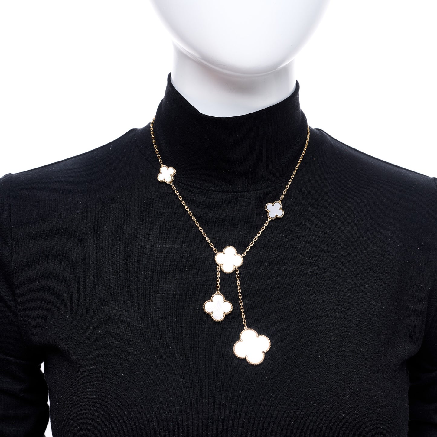 18K Yellow Gold Mother of Pearl Onyx 6 Motifs Magic Alhambra Necklace