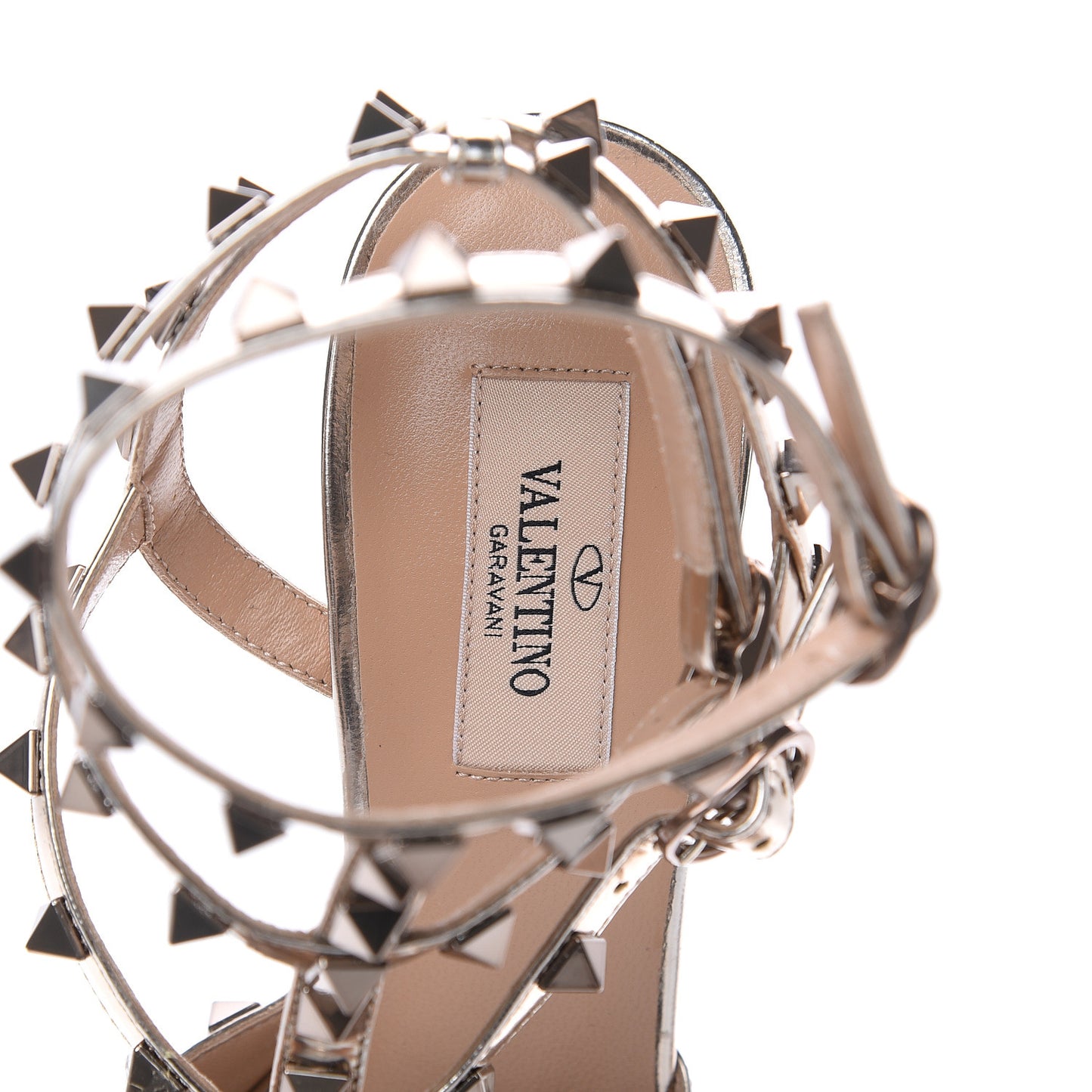 Metallic Pebbled Calfskin Patent Rockstud Ankle Strap 65mm Pumps 37.5 Skin