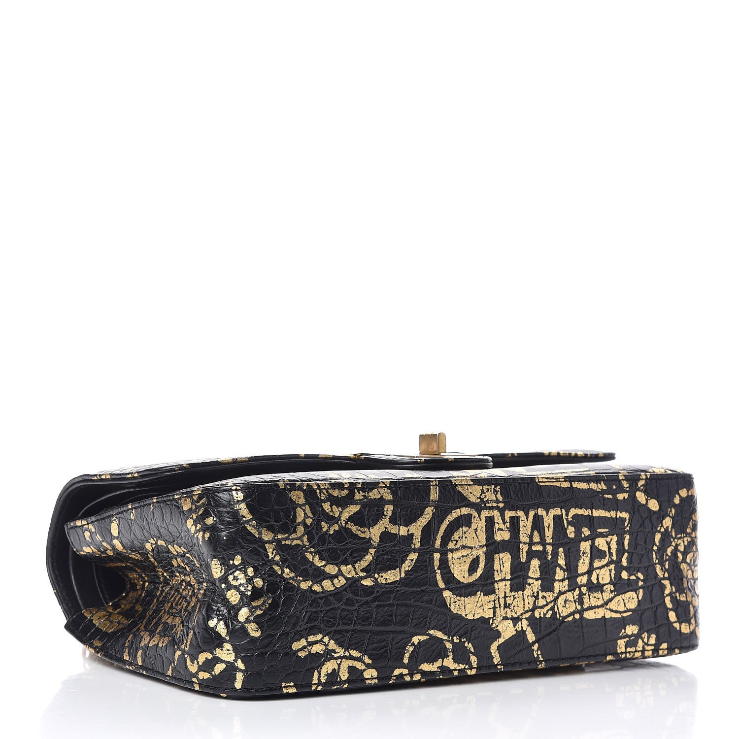 Chanel Calfskin Crocodile Embossed Graffiti 2.55 Cocodile Reissue 225 Flap Black Gold 4 of 10