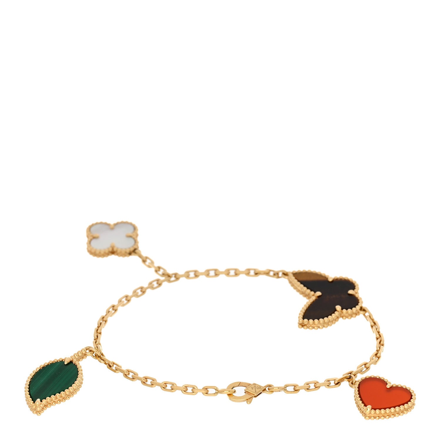 Van Cleef & Arpels 18K Yellow Gold Mother of Pearl Malachite Carnelian Tiger Eye 4 Motifs Lucky Alhambra Bracelet 2 of 4