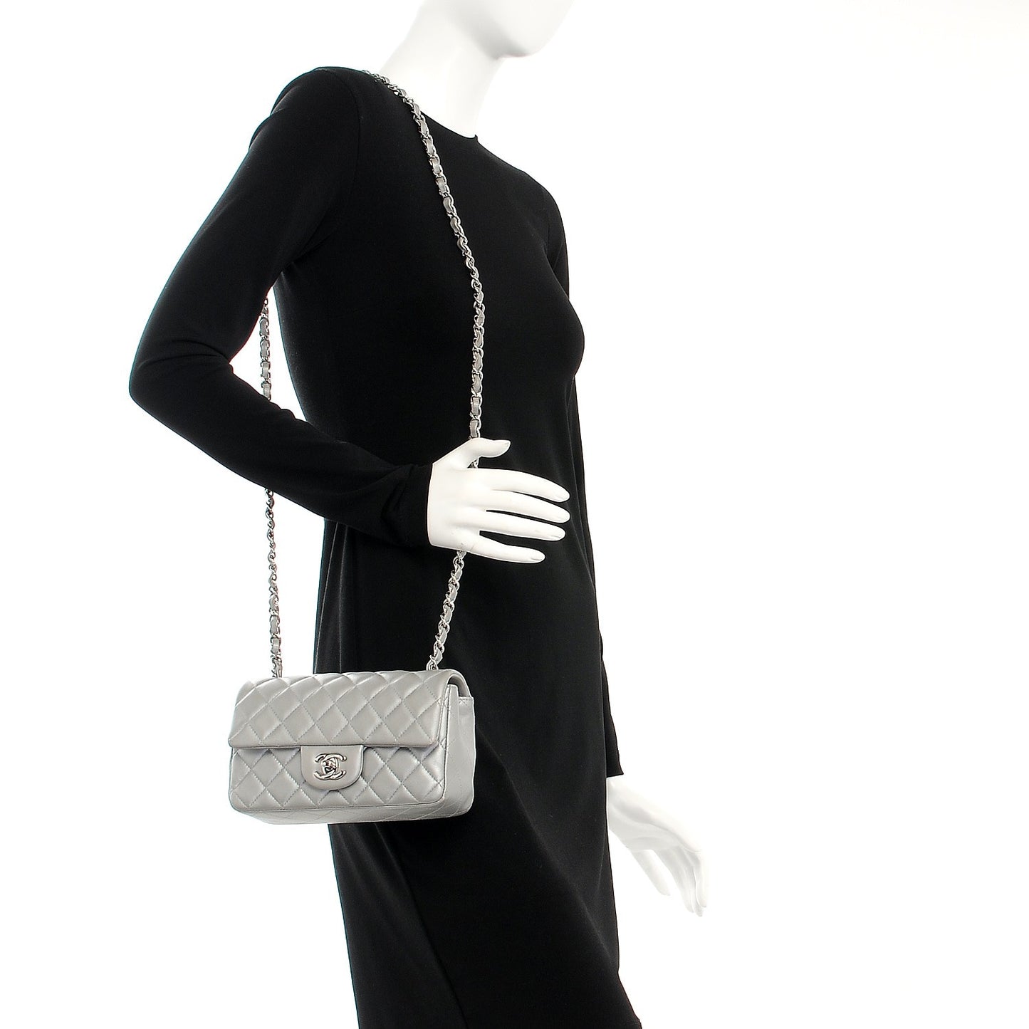 Metallic Lambskin Quilted Mini Rectangular Flap Silver