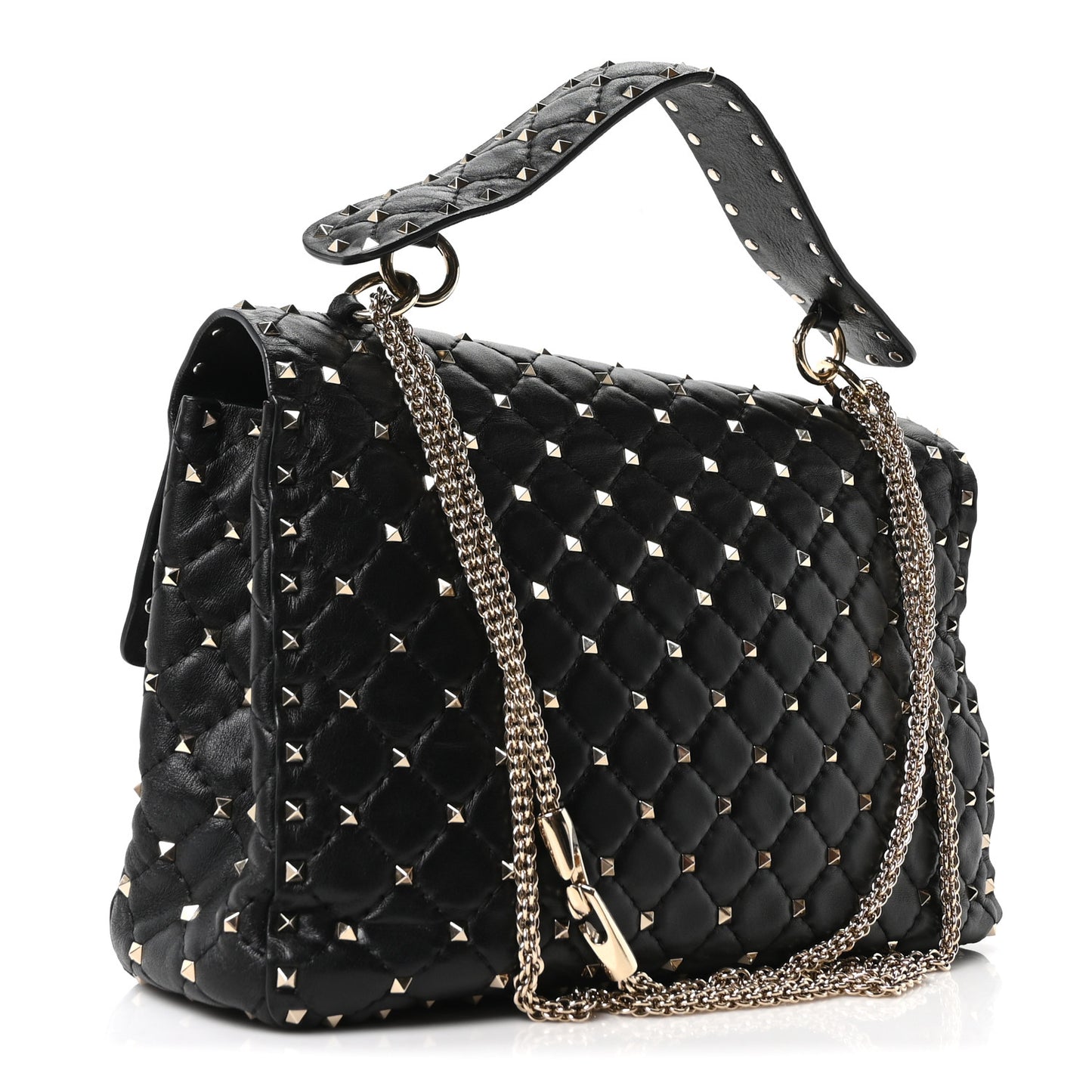 Craquele Nappa Large Rockstud Spike Shoulder Bag Black