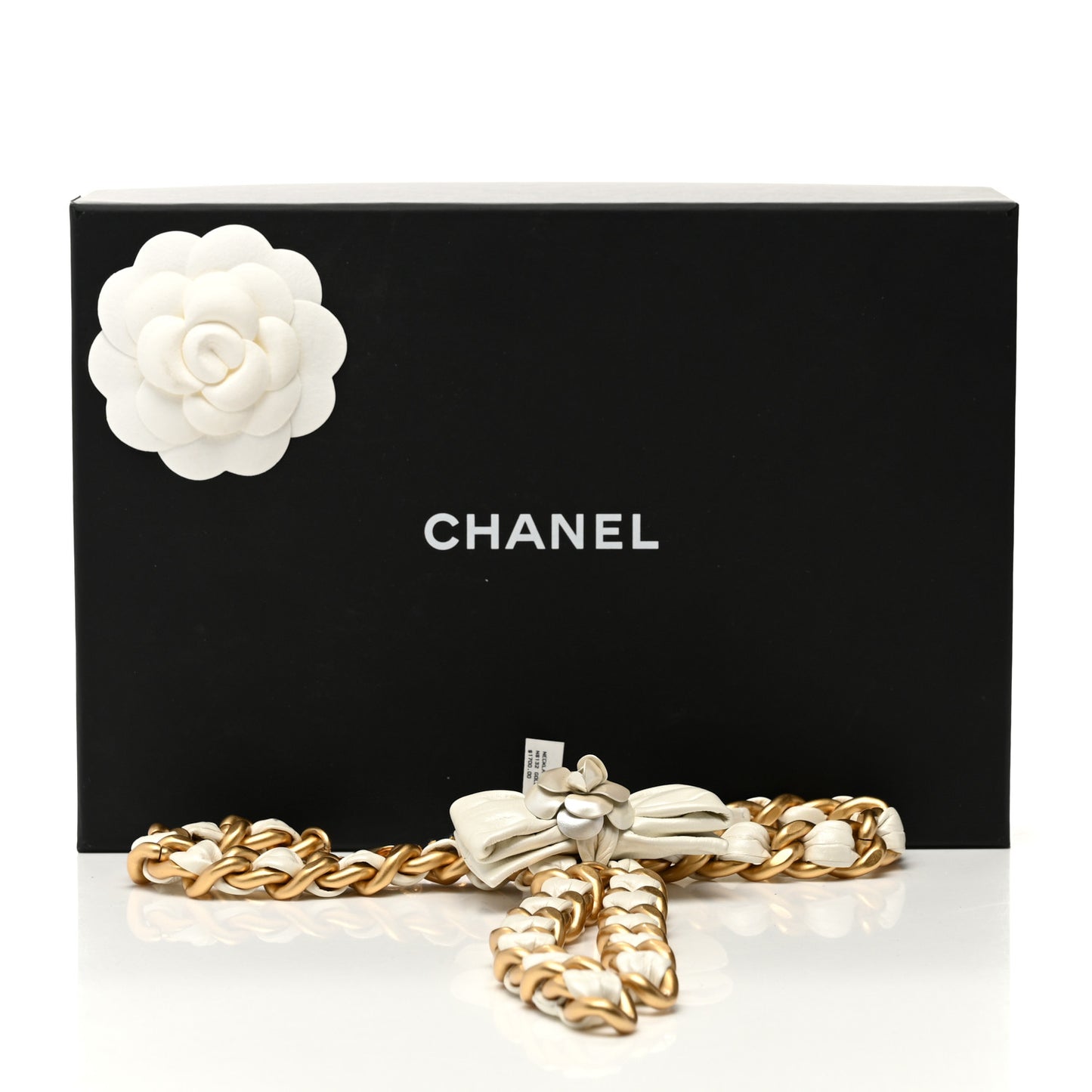 Calfskin Chain Camellia Bow Necklace Gold White