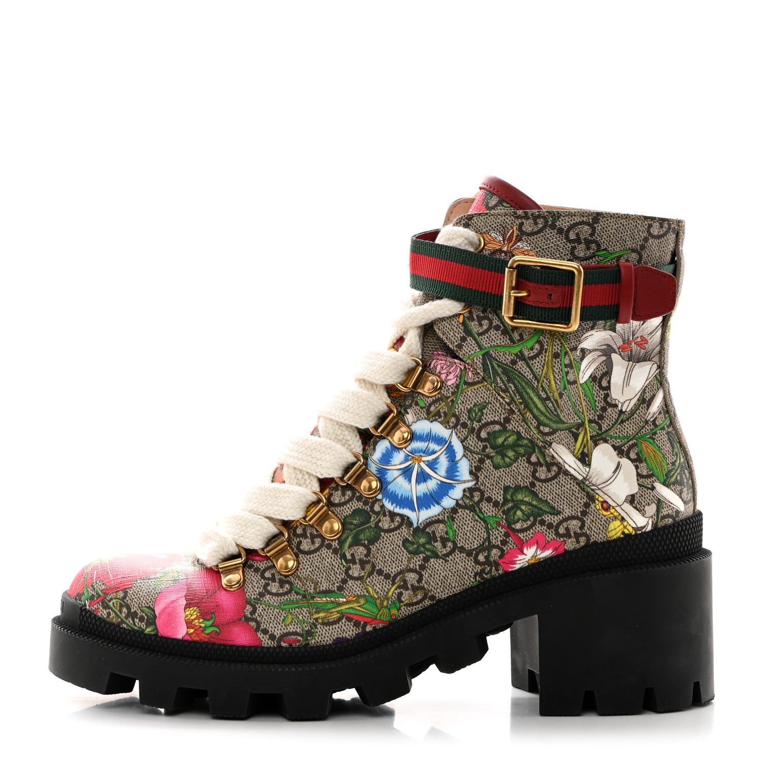 Gucci GG Supreme Monogram Flora Lace Up Combat Ankle Boots 37 Beige Multicolor Red 1 of 9