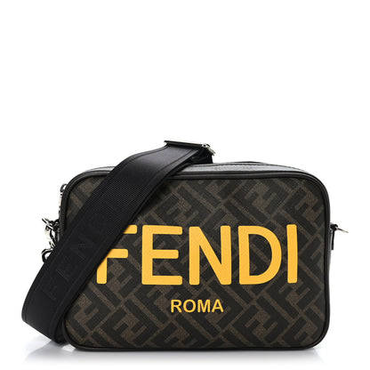 Fendi Shiny Glazed Fabric Vitello Cover FF 1974 Logo Medium Camera Case Tobacco Moro Giallo Ebano 1 of 9