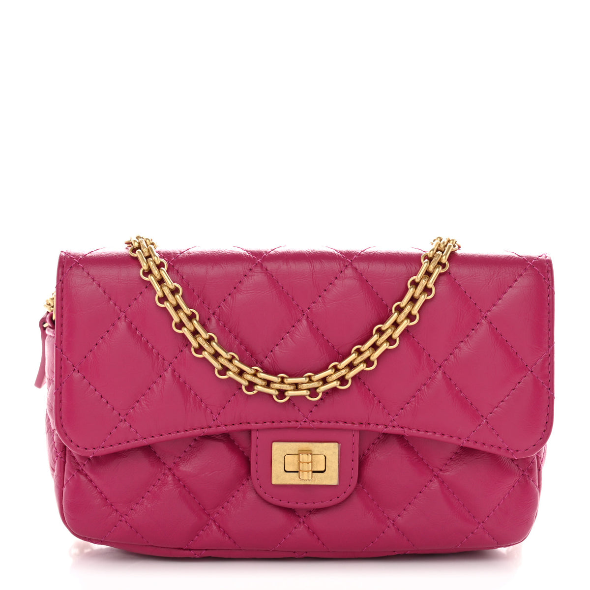 Aged Calfskin Quilted 2.55 Reissue Phone Holder With Chain Fuchsia