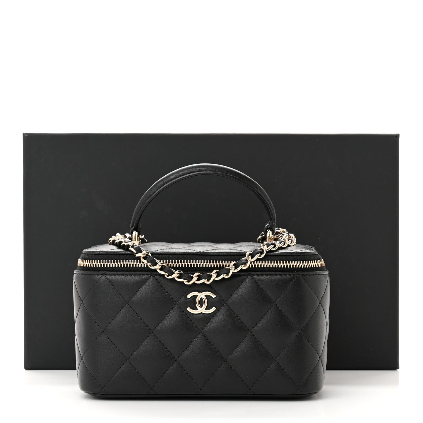Lambskin Quilted Small Top Handle Vanity Case With Chain Black