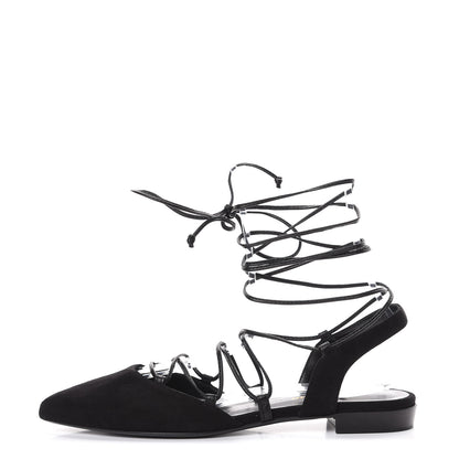 Saint Laurent Kid Scamosciato Lace Up Pointed Toe Flats 35 Black 1 of 10