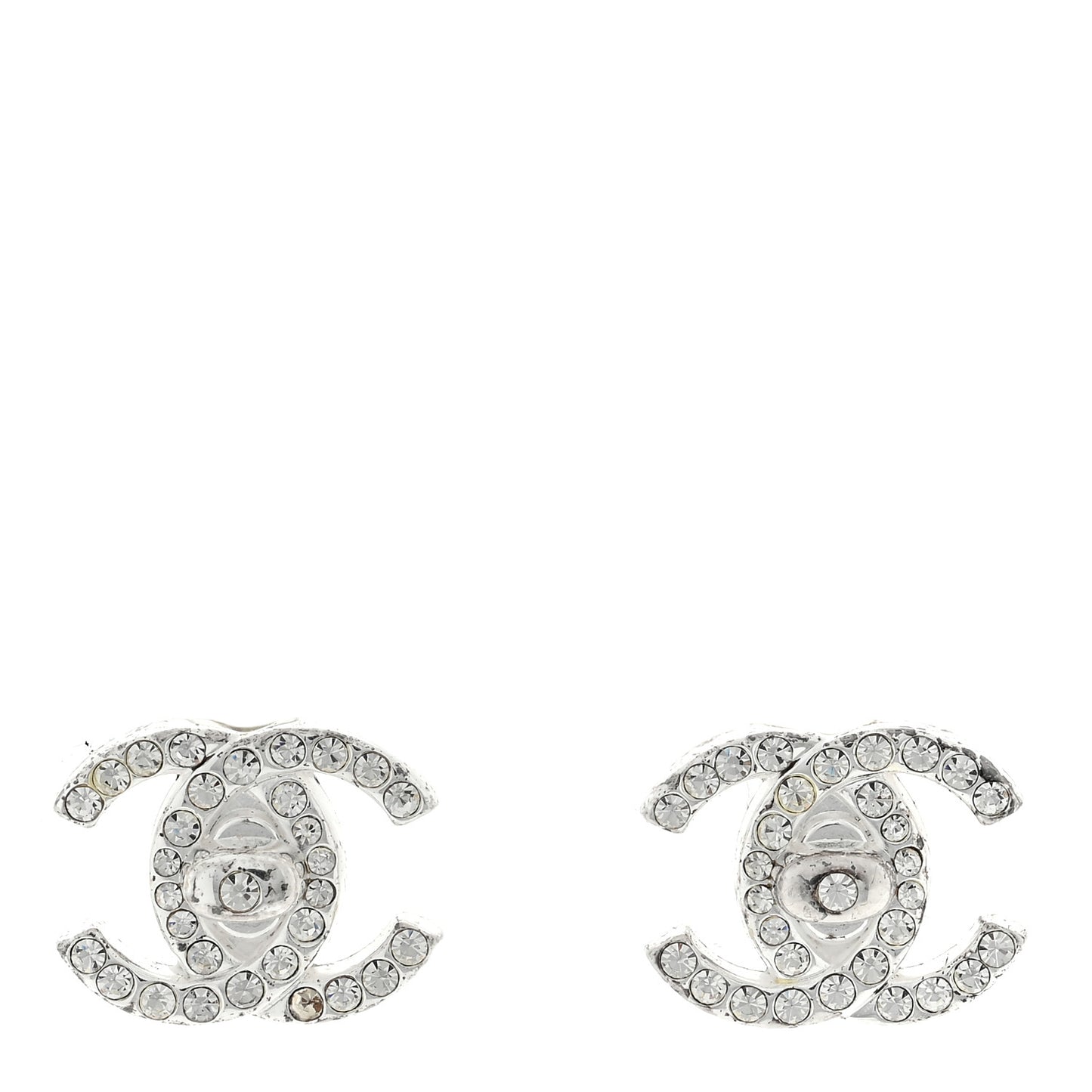 Crystal CC Turnlock Clip On Earrings Silver