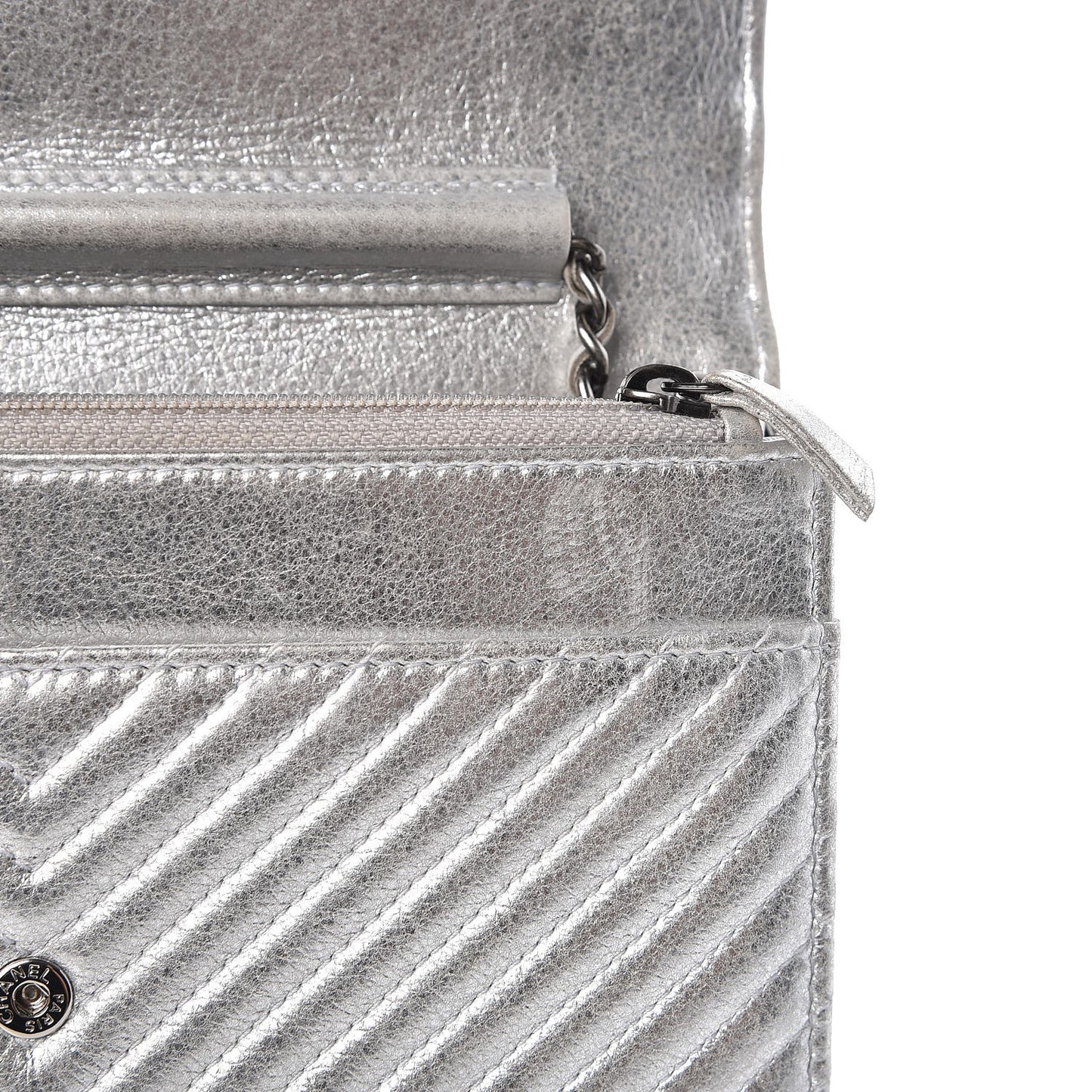 Metallic Lambskin Chevron Wallet On Chain WOC Silver