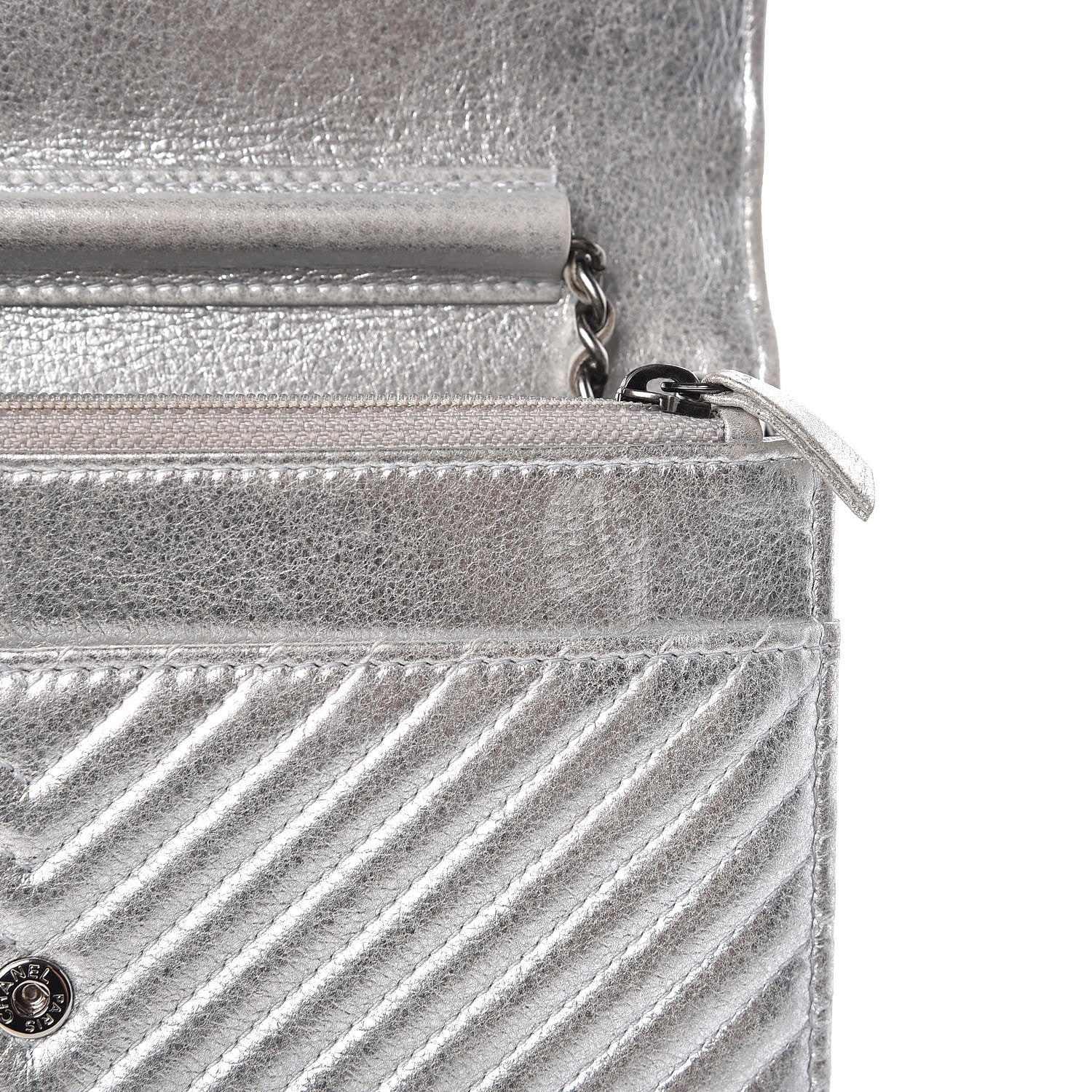 Chanel Metallic Lambskin Chevron Wallet On Chain WOC Silver 9 of 13