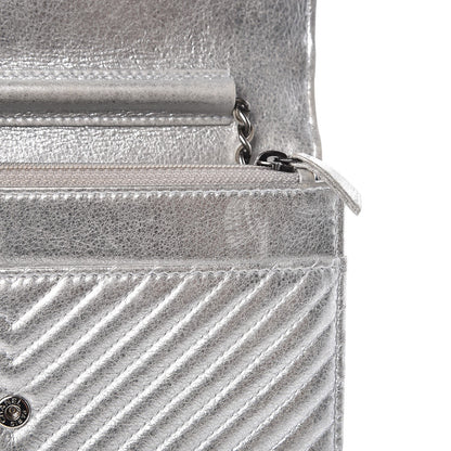 Chanel Metallic Lambskin Chevron Wallet On Chain WOC Silver 9 of 13