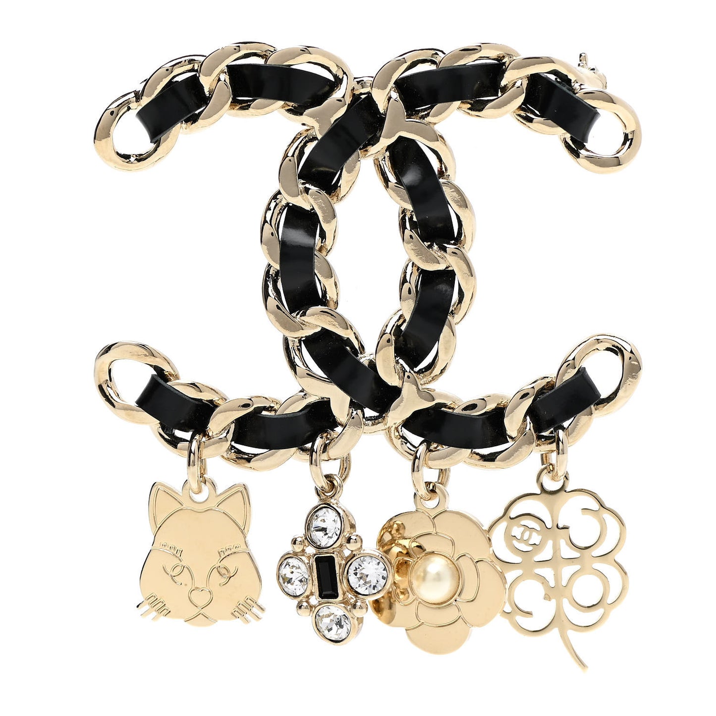 Lambskin Crystal Chain CC Charms Brooch Black Gold