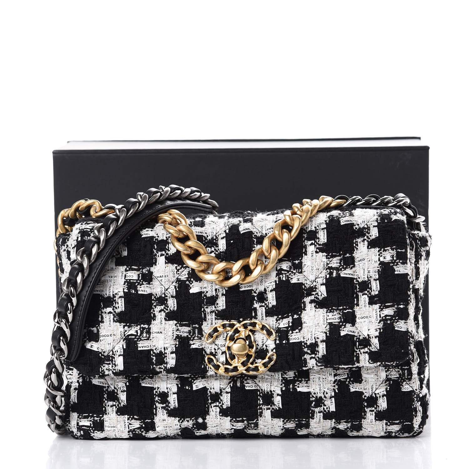 Chanel Tweed Quilted Medium 19 Flap Black Ecru White 11 of 11
