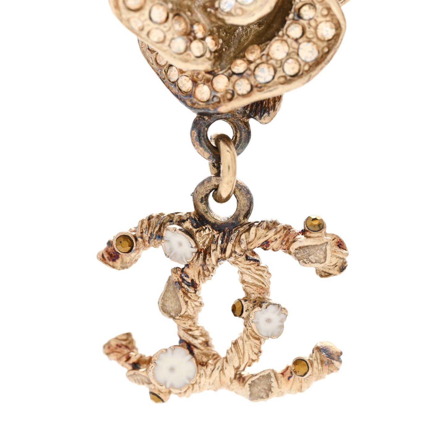 Metal Pearl CC Camellia Dangle Earrings Gold