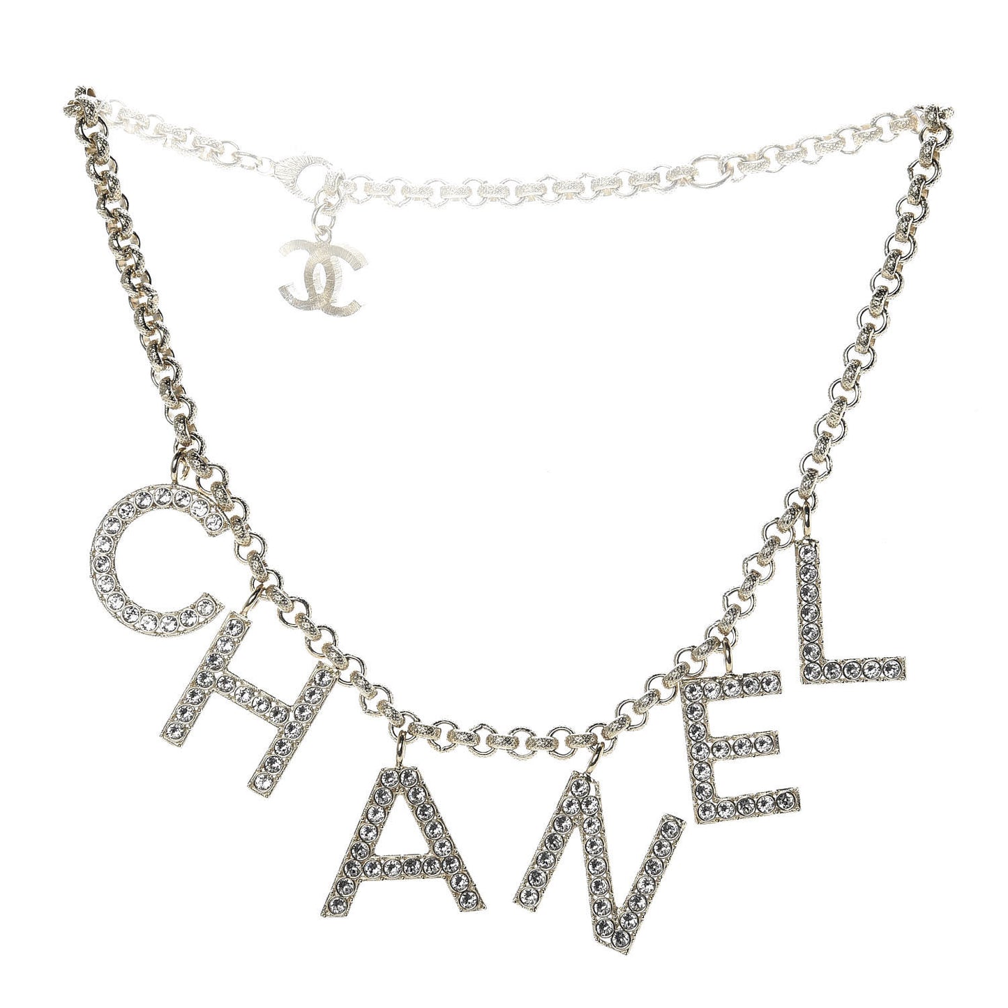 Metal Crystal Cha-Nel Logo Necklace Gold