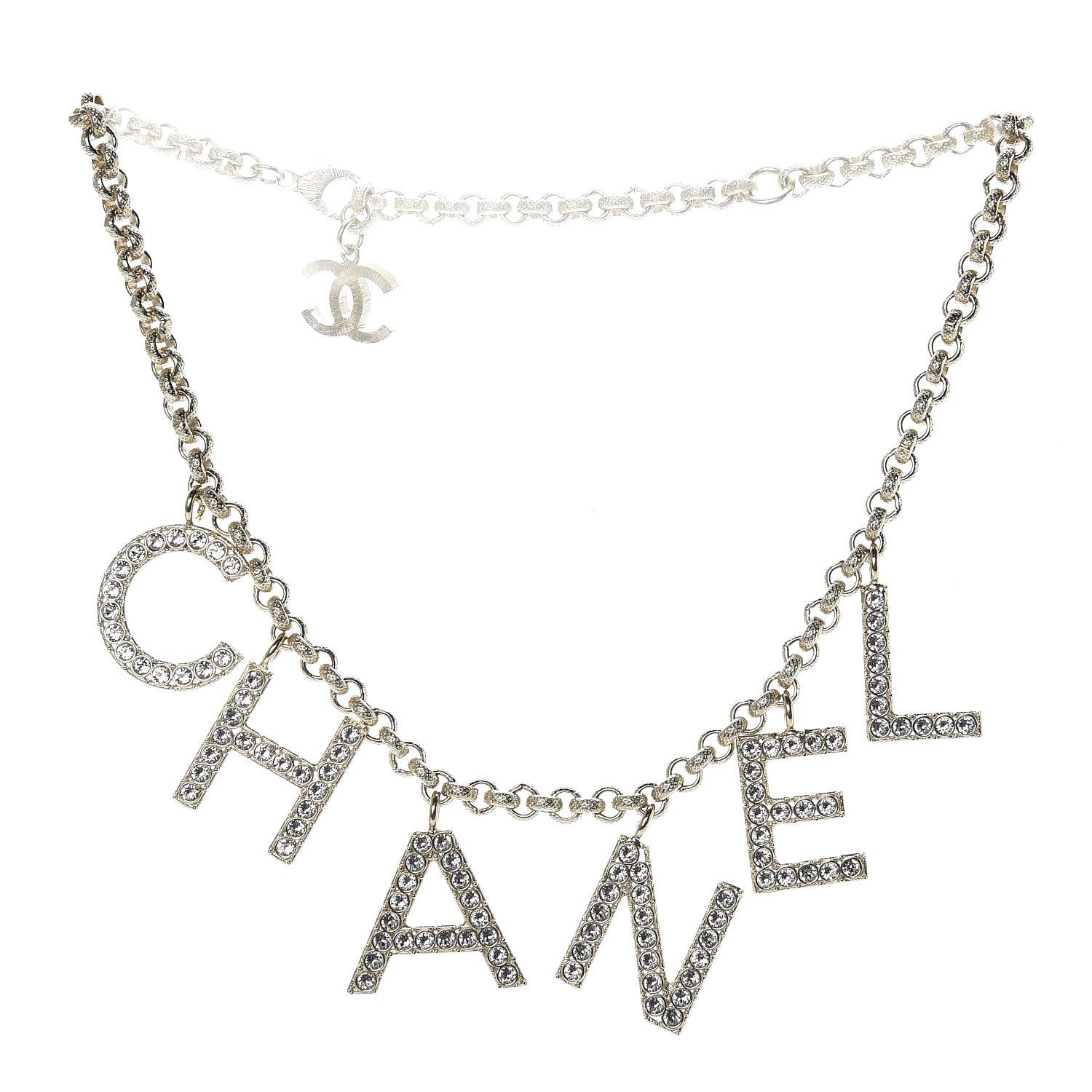 Chanel Metal Crystal Cha-Nel Logo Necklace Gold 3 of 5