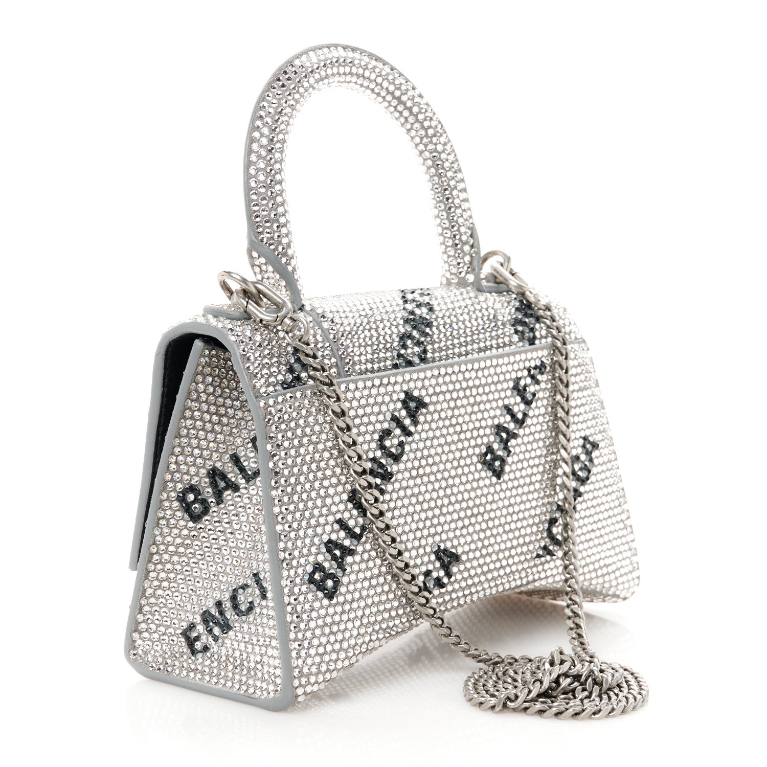Balenciaga Strass Suede Allover Logo Hourglass Top Handle Bag XS with Chain Silver Black 3 of 11