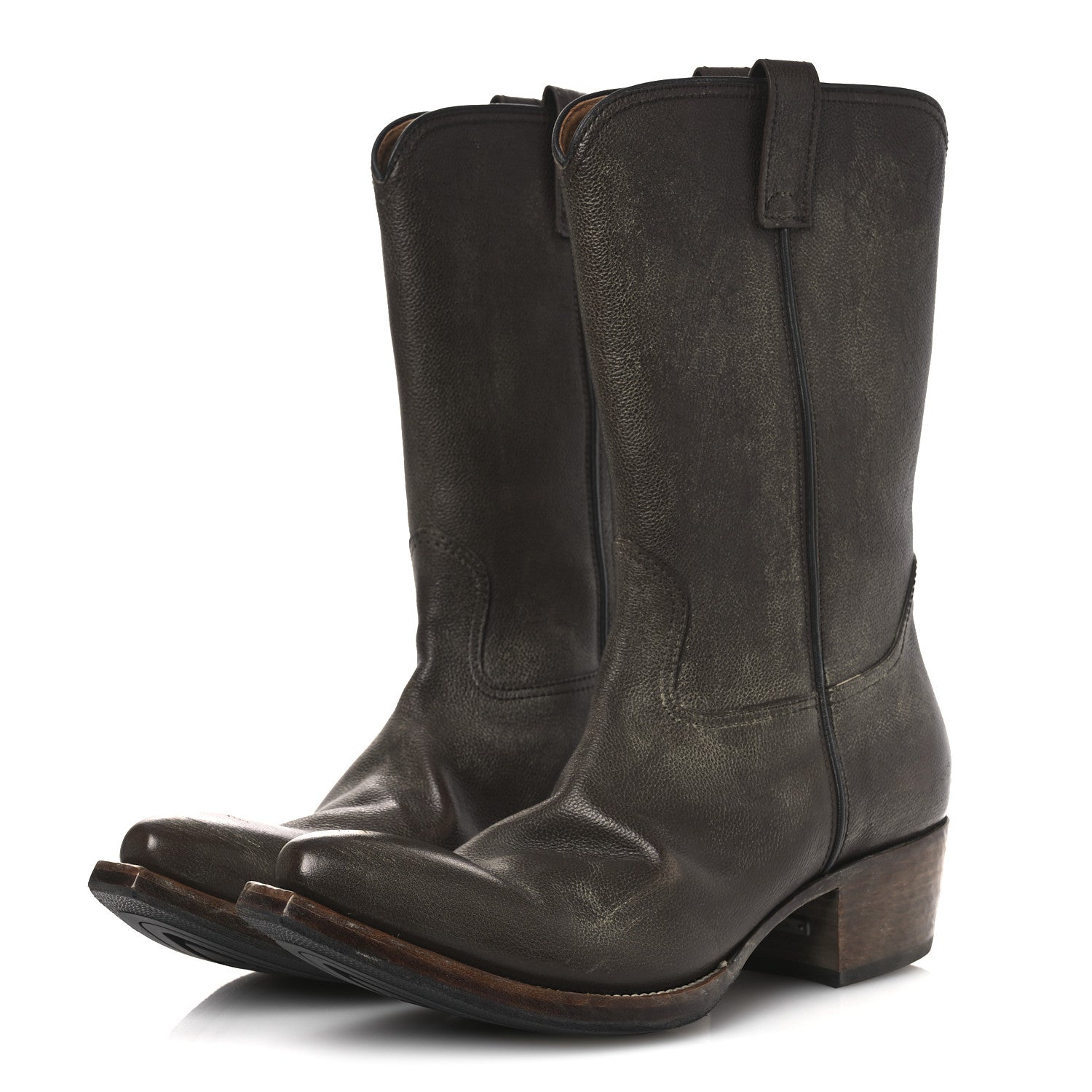 Prada Distressed Calfskin Mens Cowboy Boots 10 Bruciato 4 of 12