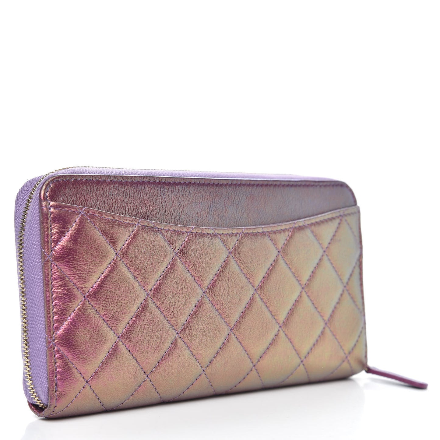Iridescent Lambskin Quilted Large Gusset Zip Around Wallet Purple
