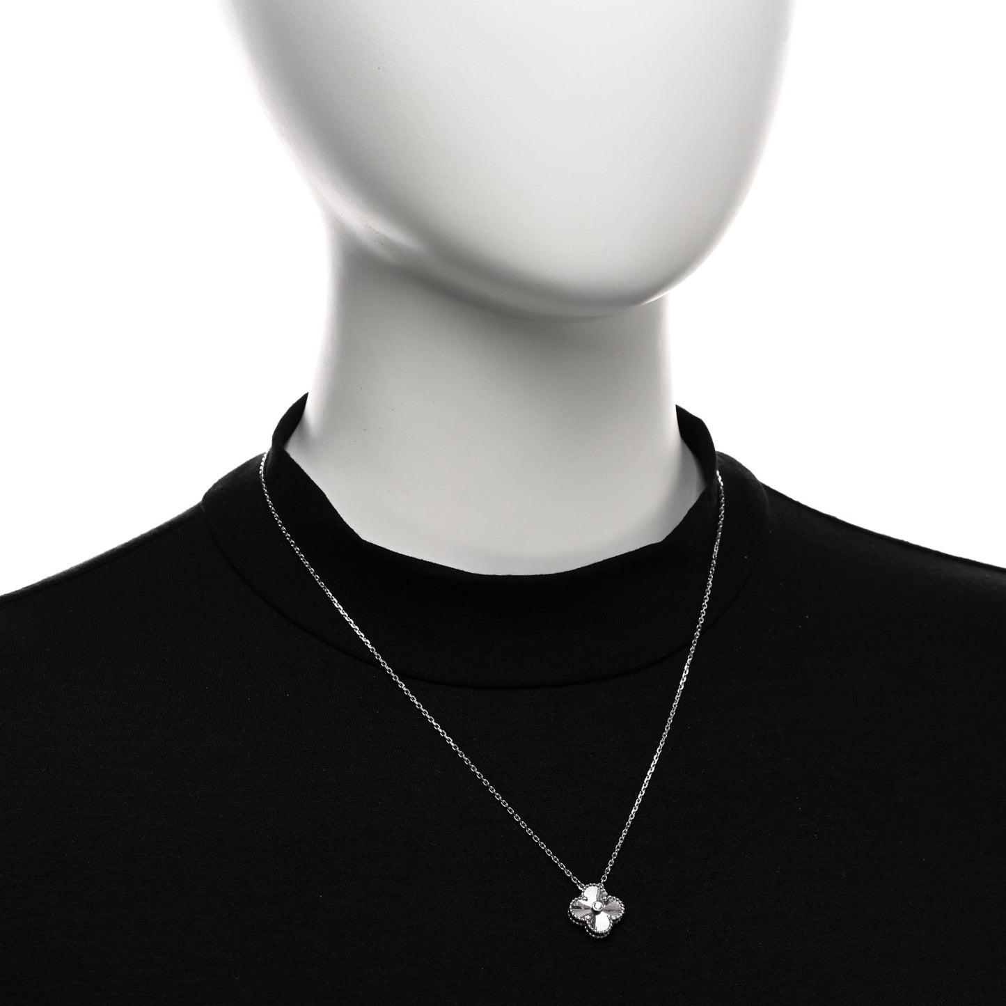18K White Gold Diamond Guilloche Vintage Alhambra Pendant Necklace