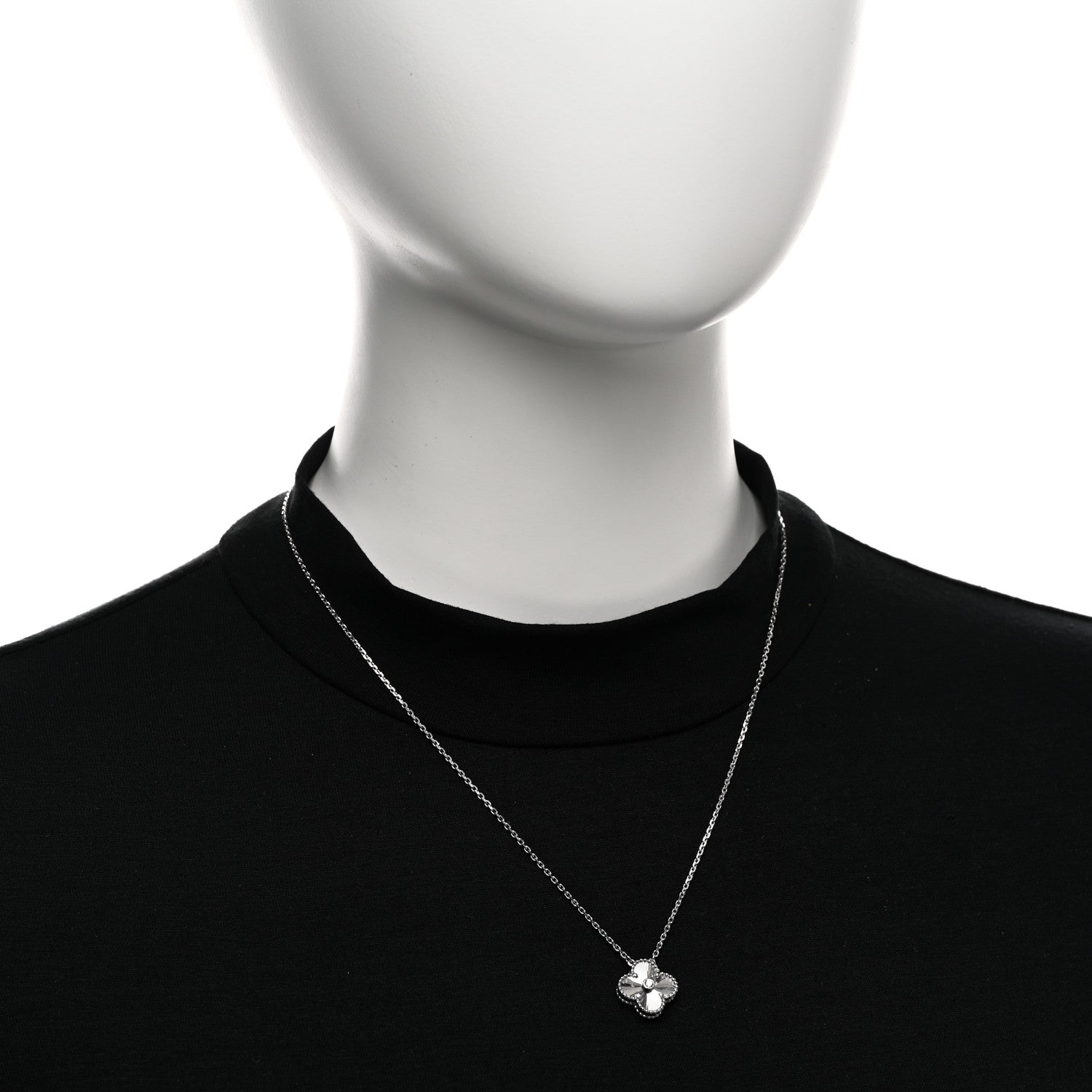 Van Cleef & Arpels 18K White Gold Diamond Guilloche Vintage Alhambra Pendant Necklace 2 of 4