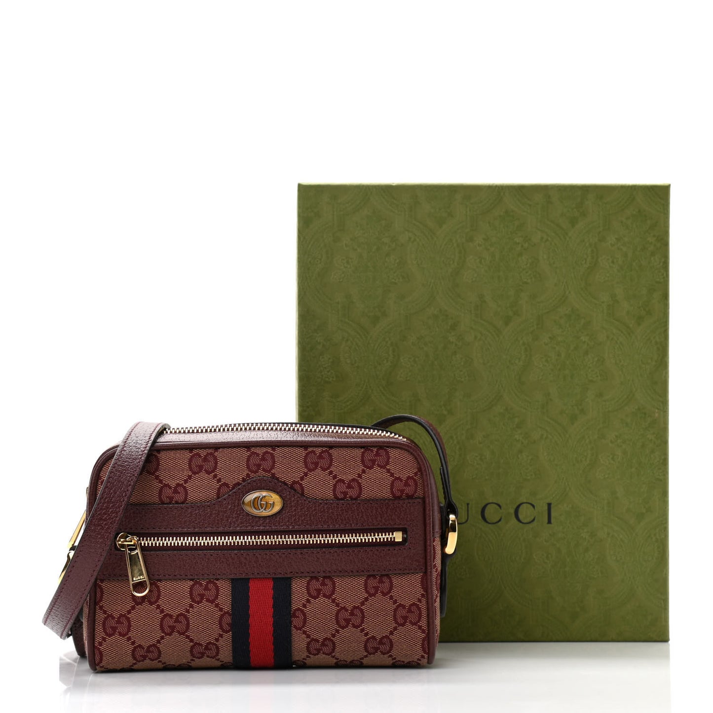 Monogram Textured Dollar Calfskin Web Mini Ophidia Shoulder Bag Sahara Rubino Chardonnay