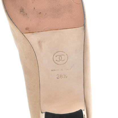 Chanel Suede Satin Cap Toe Low Heel Pumps 38.5 Beige Black 6 of 8