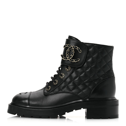 Lambskin Calfskin Quilted Lace Up Combat Boots 38 Black