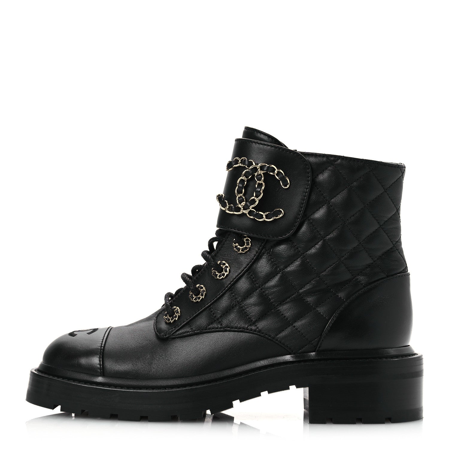 Chanel Lambskin Calfskin Quilted Lace Up Combat Boots 38 Black 1 of 10