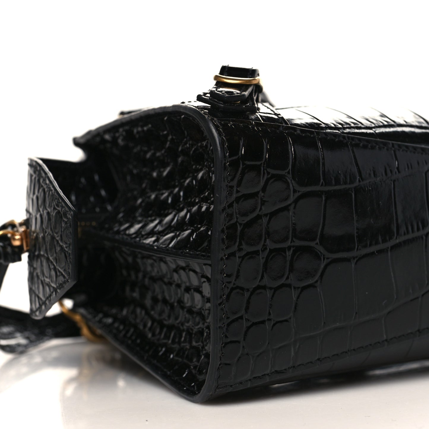 Shiny Supple Calfskin Crocodile Embossed Neo Classic Gold Hardware Mini City Black